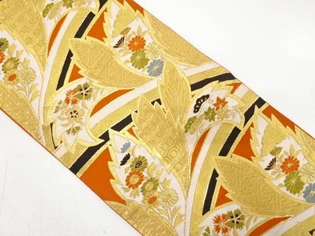 JAPANESE KIMONO / ANTIQUE FUKURO OBI / SILK / WOVEN LEAVE & KIKU & NADESHIKO